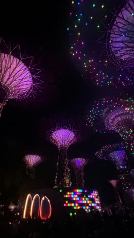 Video-Vertical-De-Iluminación-Futurista-En-El-Jardín-De-Singapur-Por-La-Noche.