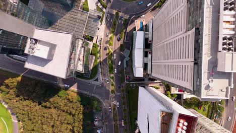 Aerial-top-view-of-skyscrapers-and-congested-Santa-Fe-avenue-in-Mexico-City