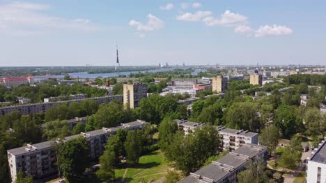 Drone-view-above-Riga-with-Panorama-of-tall-residential-buildings-and-TV-tower