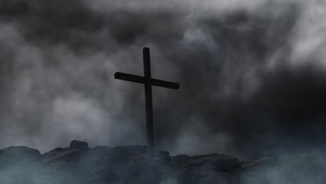 desert-rocks-and-crosses,-thunderstorm-background