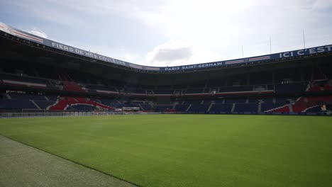 Soccer-field-stadium-at-Parc-des-Princes-home-of-Paris-Saint-Germain-Football-team,-Aerial-dolly-left-shot