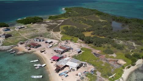 Un-Asentamiento-Isleño-Rústico-Con-Exuberante-Vegetación-Y-Aguas-Turquesas,-Retrocediendo,-Vista-Aérea