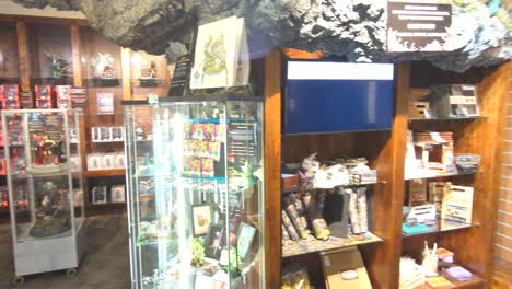 Inside-view-of-Weta-Cave-shop-and-museum-with-shelves-of-models-and-figurines-located-in-Wellington,-New-Zealand-Aotearoa