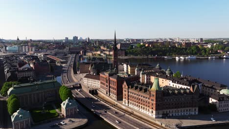 Beautiful-Aerial-View-Above-Riddarholmen-in-Downtown-Stockholm,-Sweden