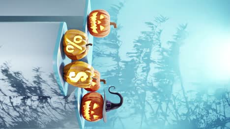 Halloween-themed-display-with-carved-pumpkins-on-platforms,-one-with-a-witch-hat-and-others-with-percentage-and-dollar-signs,-shadows-of-branches-on-a-blue-background-vertical