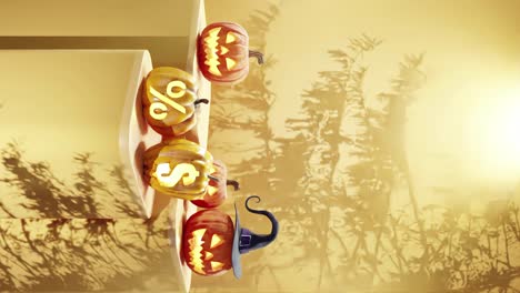 Halloween-themed-display-with-carved-pumpkins-on-platforms,-one-with-a-witch-hat-and-others-with-percentage-and-dollar-signs,-shadows-of-branches-on-a-yellow-background-vertical