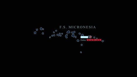 Blue-stylized-Micronesia-map-with-Palikir-capital-city-and-geographic-coordinates-on-black-background