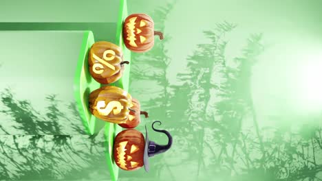 Halloween-themed-display-with-carved-pumpkins-on-platforms,-one-with-a-witch-hat-and-others-with-percentage-and-dollar-signs,-shadows-of-branches-on-a-green-background-vertical