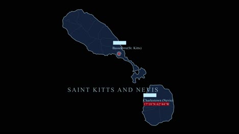 Mapa-Azul-Estilizado-De-Las-Islas-Saint-Kitts-Y-Nevis-Con-Las-Capitales-De-Basseterre-Y-Charlestown-Y-Coordenadas-Geográficas-Sobre-Fondo-Negro