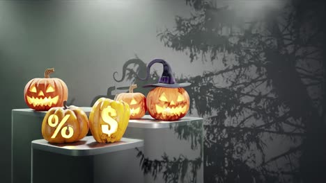 Halloween-themed-display-with-carved-pumpkins-on-platforms,-one-with-a-witch-hat-and-others-with-percentage-and-dollar-signs,-shadows-of-branches-on-a-black-background