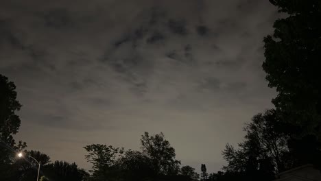 Illuminated-cloud-time-lapse-framed-between-trees-in-the-night