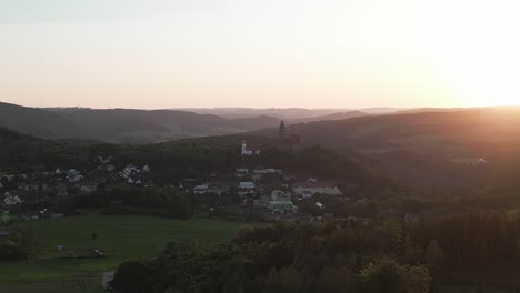 Aerial-view-of-the-landscape-around-Bouzov-Castle-in-the-Czech-Republic-at-dawn