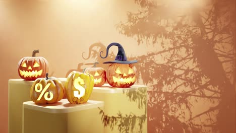 Halloween-Themendisplay-Mit-Geschnitzten-Kürbissen-Auf-Plattformen,-Einer-Mit-Einem-Hexenhut-Und-Andere-Mit-Prozent--Und-Dollarzeichen,-Schatten-Von-Zweigen-Auf-Gelbem-Hintergrund