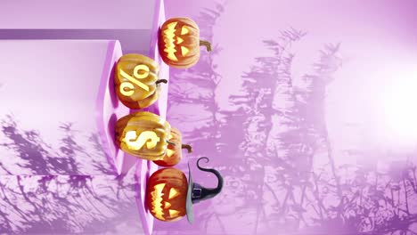 Halloween-themed-display-with-carved-pumpkins-on-platforms,-one-with-a-witch-hat-and-others-with-percentage-and-dollar-signs,-shadows-of-branches-on-a-pink-background