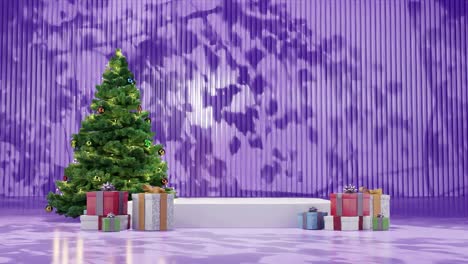 Christmas-tree-with-ornaments-and-wrapped-presents-on-a-purple-floor-against-a-red-background