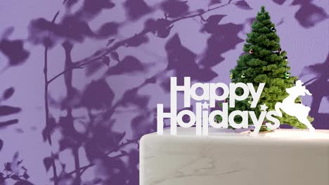 Small-Christmas-tree-with-"Happy-Holidays"-sign-on-marble-platform-with-purple-floral-shadow-background