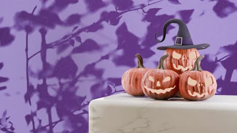 Calabazas-De-Halloween-Con-Sombrero-De-Bruja-Proyectando-Sombras-Sobre-Fondo-Púrpura