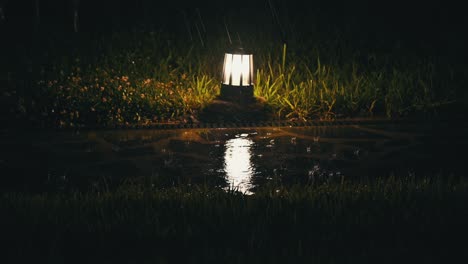 4K:-Raindrops-falling-on-the-garden-ground-light-during-a-rainy-night