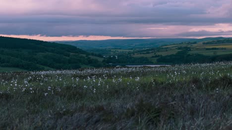 Zeitrafferaufnahme-über-Dem-Errwood-Reservoir-In-Der-Ferne-Mit-Vorbeiziehenden-Weißen-Wolken-Im-Goyt-Valley,-Buxton,-Großbritannien-Nach-Sonnenuntergang