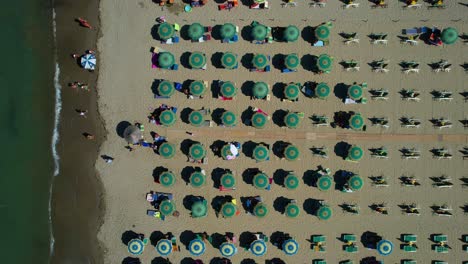 Aerial-view-of-colorful-beach-umbrellas-and-sunbeds-lined-up-on-sandy-beach-for-summer-vacations,-Adriatic-Sea,-Albania