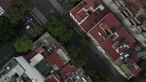 Aerial-Mexico-City-residential-apartment-blocks,-drop-down-drone-view