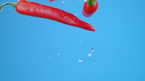 Tres-Grandes-Chiles-Rojos-Lanzados-Al-Aire-Con-Gotas-De-Agua