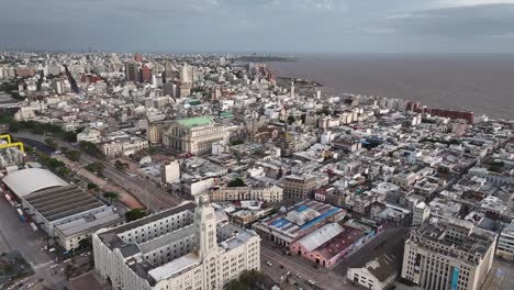 Aerial-View-of-Montevideo,-Uruguay,-City-Center-and-Port,-Drone-Shot-60fps