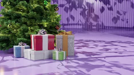 Árbol-De-Navidad-Con-Adornos-Y-Regalos-Envueltos-Sobre-Un-Suelo-Morado-Sobre-Un-Fondo-Morado.