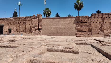 Original-walls-of-Badi-Palace,-old-historical-landmark-in-Marrakesh,-Morocco