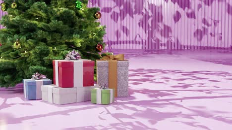 Christmas-tree-with-ornaments-and-wrapped-presents-on-a-pink-floor-against-a-pink-background