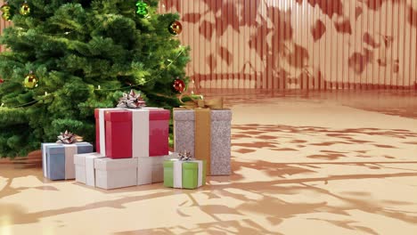 Christmas-tree-with-ornaments-and-wrapped-presents-on-a-yellow-floor-against-a-yellow-background