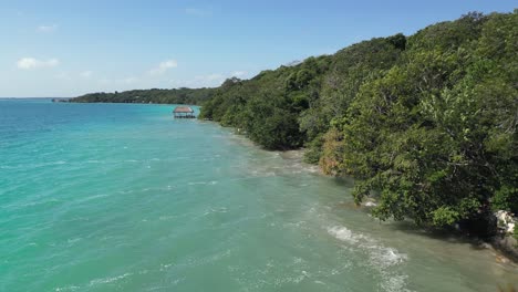 Low-aerial-flight-along-shoreline-of-tropical-Bacalar-Lagoon-in-Mexico