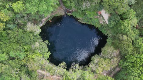 Aerial-looks-directly-down-onto-lone-swimmer-in-Cenote-Kikil-in-Mexico