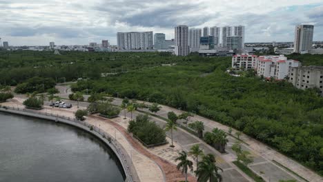 Flyover-Malecon-Tajamar,-Nichupte-mangrove-lagoon-at-Cancun,-Mexico