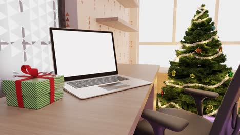 Laptop-Auf-Einem-Schreibtisch-Mit-Einem-Verpackten-Geschenk-Und-Einem-Geschmückten-Weihnachtsbaum-Im-Hintergrund