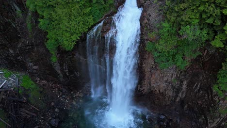 Scenic-stationary-shot-above-waterfall-flowing-off-cliff-side-surrounded-by-lush-green-trees-in-the-Pacific-Northwest