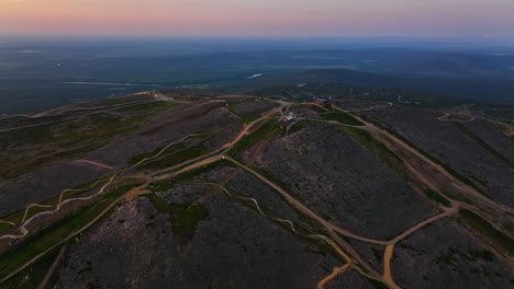 Aerial-overview-of-the-Levitunturi-summit,-summer-evening-in-Lapland,-Finland