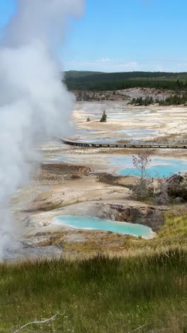 Yellowstone-National-Park,-Vertical-View-of-Geyser,-Natural-Hot-Springs-and-Trail-for-Visitors,-Wyoming-USA