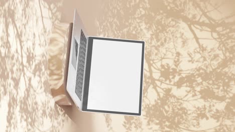 Laptop-Mit-Leerem-Bildschirm-Auf-Gelbem-Hintergrund-Mit-Floralen-Schatten