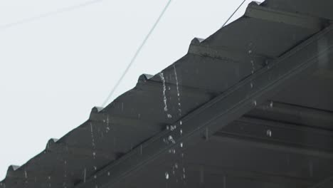 Raindrops-falling-from-a-metal-roof-on-a-cloudy-day,-close-up