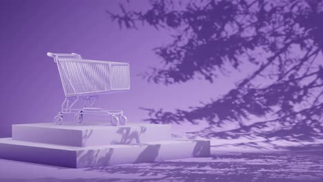 Empty-shopping-cart-on-a-purple-platform-with-shadow-of-branches-on-a-purple-background