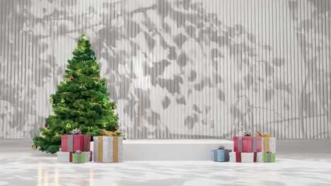 Christmas-tree-with-ornaments-and-wrapped-presents-on-a-red-floor-against-a-white-background