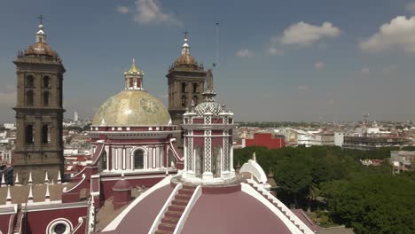 Aerial-View-Puebla-Cathedral,-Roman-Catholic-Church,-City-Puebla,-Mexico