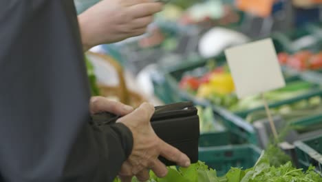 Hombre-Contando-Dinero-En-Efectivo-En-La-Tienda-De-Comestibles,-Primer-Plano-De-Las-Manos-Con-Billetera,-Verduras-Borrosas-En-El-Fondo