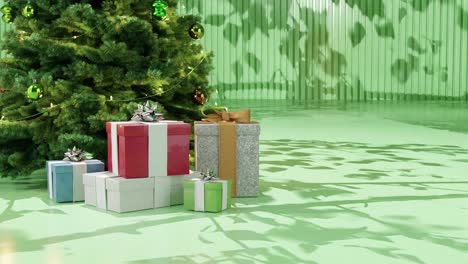 Christmas-tree-with-ornaments-and-wrapped-presents-on-a-green-floor-against-a-green-background