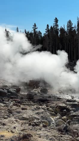 Vertical-4k,-Erupting-Geyser-and-Steam-in-Yellowstone-National-Park,-Wyoming-USA