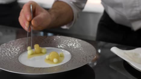 Chef-Francés-Preparando-Un-Lujoso-Plato-De-Alta-Cocina-En-Cámara-Lenta,-Primer-Plano