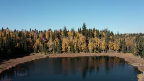 A-cinematic-view-of-a-small-lake-during-the-autumn-season,-flying-over-and-into-the-forest-on-the-other-side