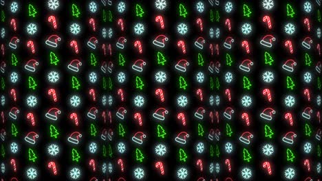 Neon-Christmas-Pattern-Background-of-Christmas-Tree,-Snowflake,-Santa-Hat-and-Candy-Cane-in-Red-Black-and-White-Looping-animation