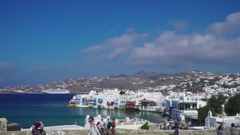 Static-view-of-the-Little-Venice-coastline-in-the-old-town-of-Mykonos-on-a-beautiful,-calm-day-on-the-Aegean-sea